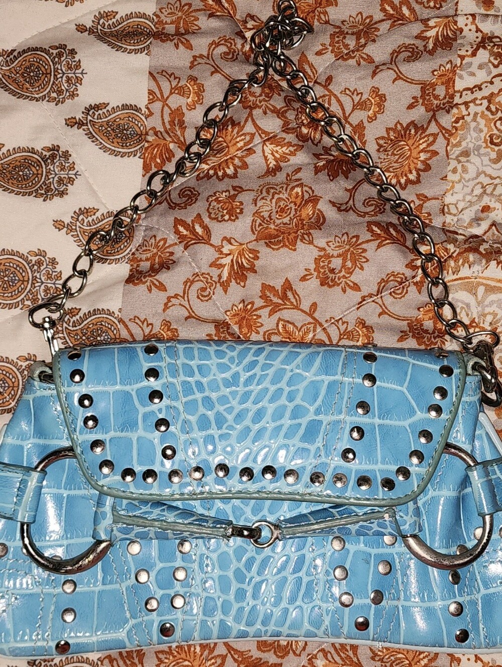 Sky Blue Croc-Embossed Studded Shoulder Bag